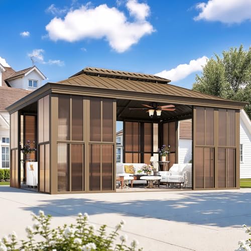 EROMMY 12' X 16' Sunroom, with Detachable Windows & Lockable Sliding Door, Light Galvanized Steel Double Roof Gazebo Solarium, All-Weather Sun Room for Patio Deck Backyard
