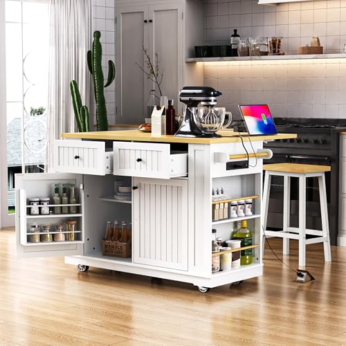 Rolling Kitchen Island with Drop Leaf & Power Outlet, Large Kitchen Islands Cart on Wheels, Movable Kitchen Island with 5 Open Storage Shelves & Towel Rack for Kitchen, Dining Room, 48-Inch, White