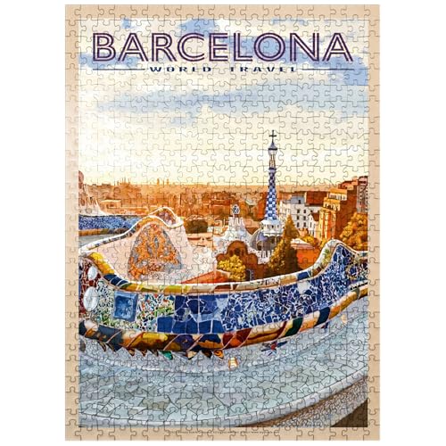 MyPuzzle Barcelona, Spain - Park Güell, Mosaic Mirage at Dusk, Vintage Travel Poster - Premium 500 Piece Jigsaw Puzzle for Adults