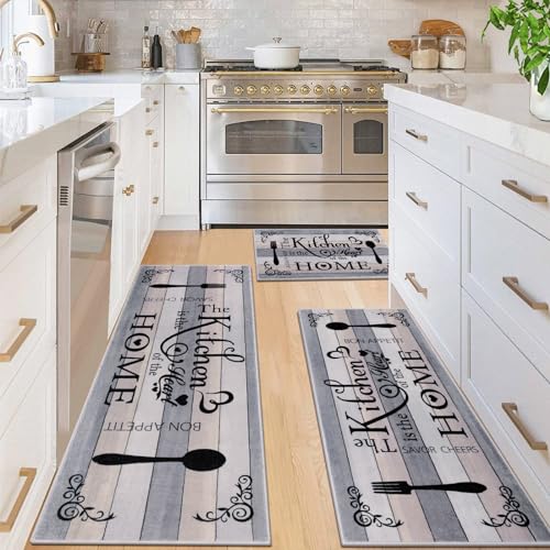 Vaukki Boho Kitchen Rug Sets 3 Pieces, Washable Kitchen Mats for Floor, Non Slip Soft Kitchen Area Rug Floor Mat for Kitchen, Laundry Room and Hallway (Grey and Beige, 20''x32''+20''x47''+20''x59'')