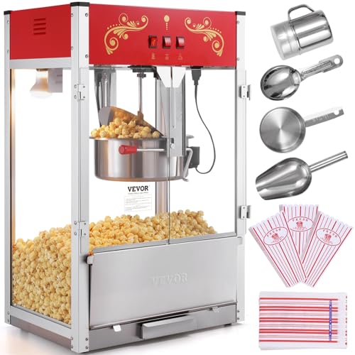 VEVOR Popcorn Maker, 1615W Popcorn Popper Machine, 16 Oz Kettle Large Capacity Countertop Popcorn Maker with Tempered Glass, Includes 3 Stainless Steel Scoops, Movie Theater Style, Red