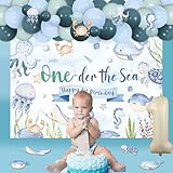 Under the Sea 1st Birthday Decoration Boy, Oneder the Sea 1st Birthday Decorations Backdrop Ocean Animal Stickers Balloon Garland Kit Number 1 Foil Balloon for Boy Sea Underwater 1st Birthday Party