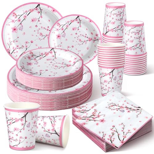 Hsei 250 Pcs Cherry Blossom Plates and Napkins Party Decorations Disposable Tableware Sets Baby Shower Birthday Supplies Serves 50 Guests Dinnerware Bridal Baby Shower Party Favors