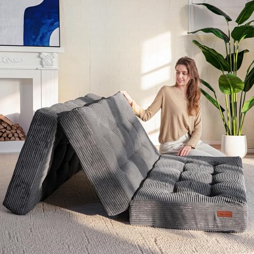 MAXYOYO Tri-Fold Mattress, 6 Inch Tufted Folding Futon Foam Bed, Foldable Floor Mattress Guest Bed Futon Topper Portable Camping Sleeping with Corded Fabric, Dark Grey, 59"x79"