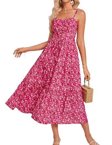 GRACE KARIN Women's 2025 Summer Maxi Dress Spaghetti Strap Ruffle Smocked Tied Front Casual Croset Dresses Long Flowy Boho Sundress wiht Pocket Rose Red Floral L