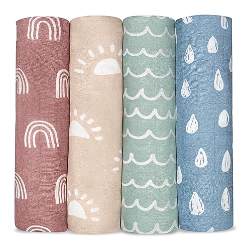 Comfy Cubs Muslin Swaddle Blankets (Pack of 4) - 47” x 47”, Soft Cotton Baby Blanket Set, Large Swaddling Wraps for Newborns - Self-Soothing Baby Swaddle - (Sun, Rainbow, Rain, Doodle)