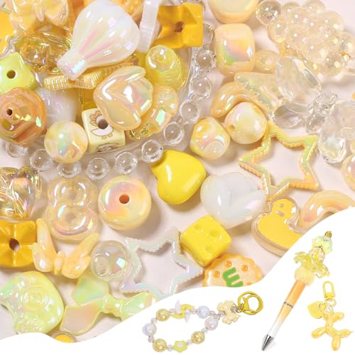 45-60PCS Large Acrylic Yellow Shiny Assorted Beads for Bracelet Making UV Plating Focal Beads for Pens Round Flower Bow Bear Love Heart Hat Cute Spacer Bead Bulk for DIY Jewelry Keychain Phone Charm