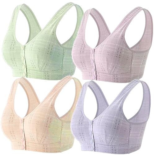 4 Pack Women Cotton Front Button Bra Snap Comfort Sleep Bra, Easy Close Bras Wireless, Seamless T-Shirt Bra (44BC, Pink & Beige & Purple & Grey)