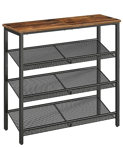 HOOBRO Shoe Rack for Entryway, 4-Tier Shoe Organizer with Adjustable Mesh Shelves, 12-16 Pairs of Shoes, Spacious Floor Mount, Metal, Industrial, Shoe Shelf for Closet, Rustic Brown BF42XJ01