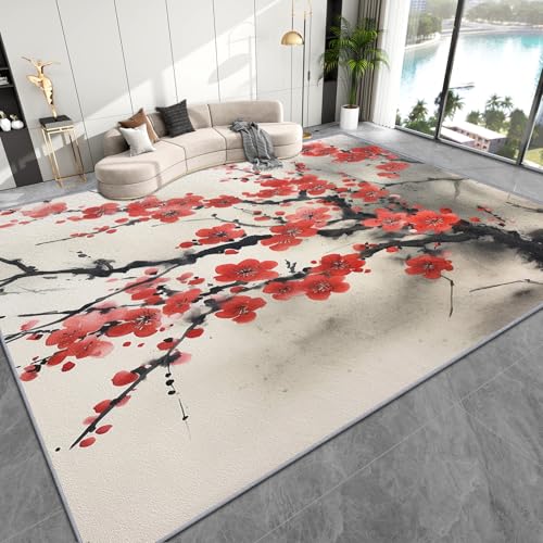 Zoainuos Plum Blossom Rug 4x6 - Japanese Cherry Blossom Area Rugs for Living Room Bedroom - Asian Style Carpet - Washable Non Slip Super Soft - Chinese Home Decor & Gifts