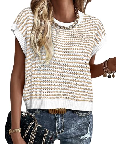 PRETTYGARDEN Womens Short Sleeve Sweater Spring Summer 2025 Round Neck Striped Pullover Cap Sleeve Knit Sweater Vest Tops(Apricot,Large)