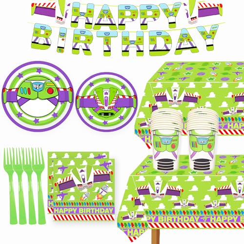 Light inspired Year Party Decorations Cartoon Story Birthday Party Supplies include Banner Table Cloth Forks Plate Napkins and Cups for Toy Game 1st 2nd 3rd 4th 10th Bday Decor Purple