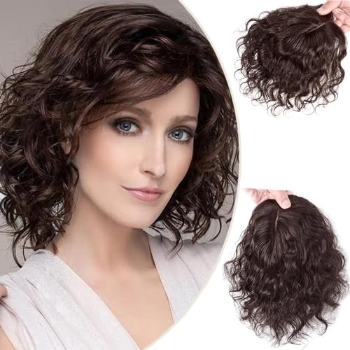 ICRAB 13x14cm U-shaped Silk Base Hair Topper for Women With Thinning Hair - Real Human Hair Piece, Long Curly Wavy Clip-in Hairpiece for Top Thin Loss, 10" Brown Left Side Part