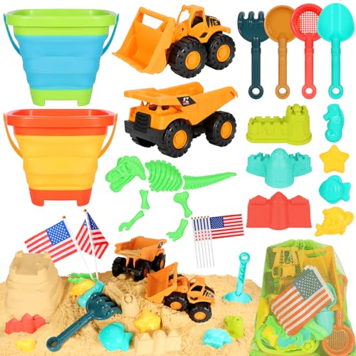 HUITEM Beach Sand Toys for Kids, 29PCS Sandbox Toys with 2 Collapsible Bucket Sand, 2 Dump Truck, Dinosaur Molds, Castle Building Kit, Shovel Sieve,Flags,Mesh Bag Travel Beach Toys for Toddler 3-10