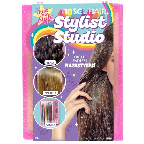 Just My Style Tinsel Hair Stylist Studio, Fairy Hair Tinsel Kit, 9 Colorful Tinsel Strands & Hair Beading Tool, Hair Extensions for Kids, Fun Hair Accessories for Teens, Great Gifts for Preteens