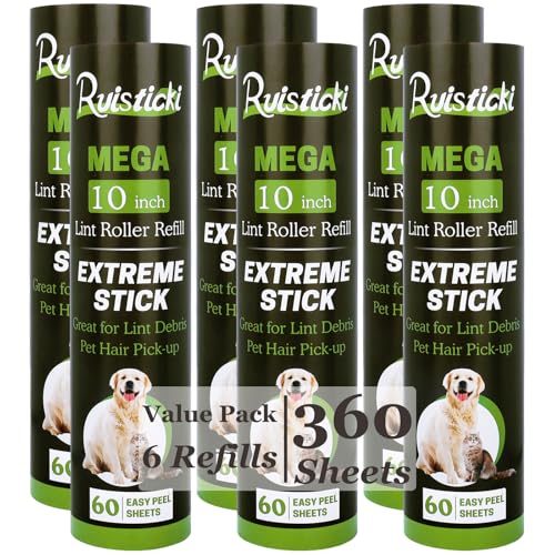 10 inch Mega All-Purpose Pet Hair Lint Roller Refills Compatible with Evercare Mega Roller 10'' Wide Ultra Sticky 60 Sheets Each Refill (Pack of 6, 360 Sheets Total)