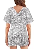 MANER Women’s Sequin Romper Sparkly Short Jumpsuit Party Concert Outfit With Flutter Sleeve (Silver Grey, Large)