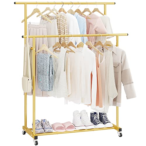 Calmootey Double Rod Clothing Garment Rack,Rolling Hanging Clothes Rack,Portable Clothes Organizer for Bedroom,Living Room,Clothing Store,Gold