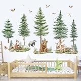 wondever Mountain Tree Wall Stickers Large Pine Tree Forest Animals Bear Deer Peel and Stick Wall Art Decals for Kids Bedroom Baby Nursery