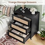 VIAGDO Black Rattan Nightstand Set of 2 with Charging Station, Natural Rattan Night Stand with 3 Large Rattan Decorated Drawers, Boho Bedside Table, End Side Table, 3 Drawer Rattan Dresser for Bedroom