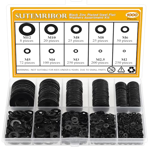 Sutemribor 1000 Pieces 9 Sizes Black Zinc Plated Steel Flat Washers for Screws Bolts, Black Washers, Metal Washers, Assorted Washers (M2 M2.5 M3 M4 M5 M6 M8 M10 M12)