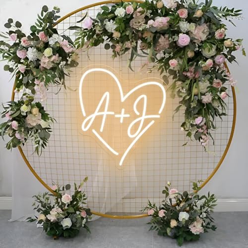 Custom Initials Heart Wedding Neon Sign, Customized Last Name Neon Light, Couple Initials LED Heart Sign for Wedding Party Backdrop Personalized Engagement Gifts