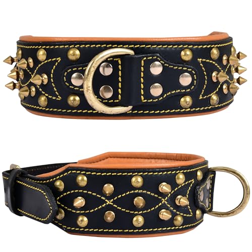 DowgClub | Genuine Leather Spike Dog Collar | Western Style, Full Grain, Heavy Duty | Padded, Comfortable, Strong, Best for Medium, Large, XL Breeds | 2" Wide(M (Fit Neck 14.5"-18.5"), Midnight Onyx)