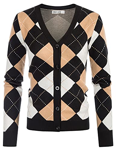 Women Color Block Short Cardigan 90s Vintage Knit Sweater Vee Neck Plaid Preppy Style Cardigan Knitwear(Plaid Camel White,L)