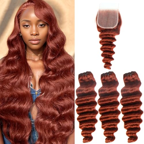 Reddish Brown Bundles with Closure(20 22 24+20),10A Brazilian Loose Deep 3 Bundles with 4x4 Lace Closure with Bundles Human Hair Auburn