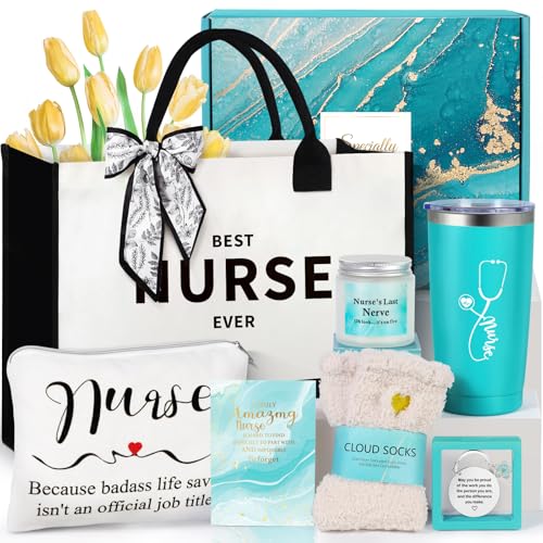 Nurse Gifts for Women, Rn Appreciation Gift Set Nurses Week Set Graduation Box Christmas Basket for Nurses Female Nursing Student with Canvas Beach Tote Bag Tumbler Keychain Purple