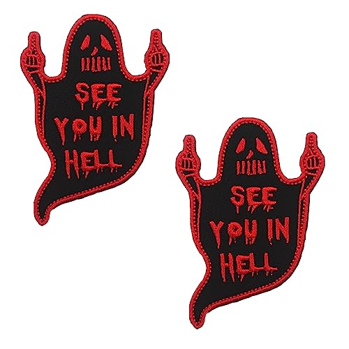 2 Pieces See You in Hell Red Ghost Patch Tactical Military Funny Biker Patch Hook and Loop Embroidery Fastener Emblem - Patch Attachment for Backpack, Clothes, Jacket, Garment & Tactical
