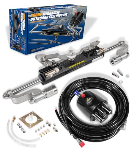 Camoo Outboard 300HP Hydraulic Steering Kit, Marine Boat Steering System with Helm Pump, Hydraulic Cylinder, 2 x 26ft High-Strength PU Hoses, Compatible with Most Single Outboard-Powered Boats