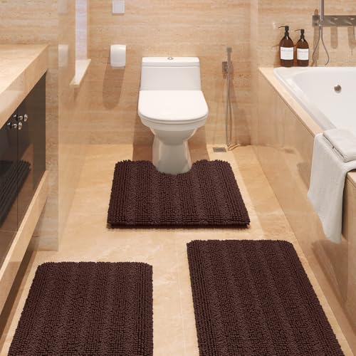 ACCUMTEK Striped Brown Bathroom Rug Set 3 Pieces Ultra Soft, Non Slip Chenille Toilet Mat, Absorbent Plush Shaggy Bath Mats for Bathroom, Bedroom, Kitchen