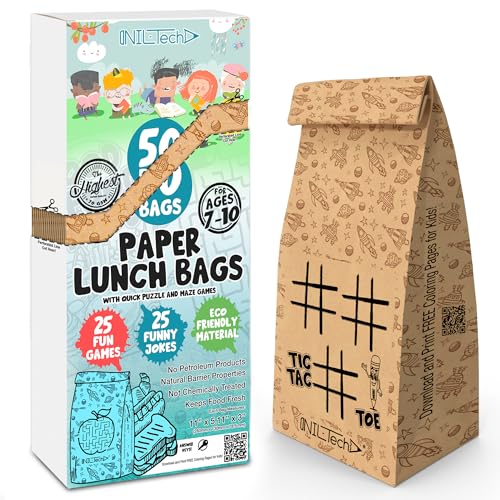 NIL-TECH Kids Brown Paper Bags - Lunch Sandwich Bag with Games & Jokes, Eco-Friendly Snack Bags, Food Safe, 50pc Kraft Paper Lunch Bags