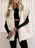 Dokotoo Womens Casual Apricot Puffer Vest Warm Quilted Vest Stand Collar Flysleeve Insulated Padded Outerwear Winter Jacket Coats for Women 2025 Fashion Pockets Vest Large