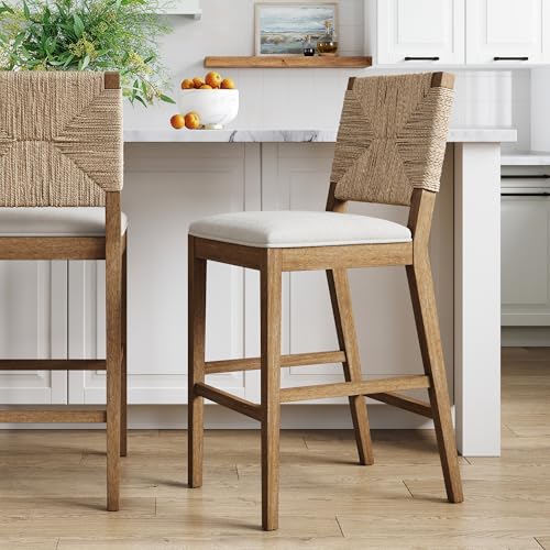 Nathan James Beacon Bohemian Boucle Bar Stool with Back, Bar Height Kitchen Island Chair, Seagrass Bar Stool, Cream Boucle/Brushed Light Brown