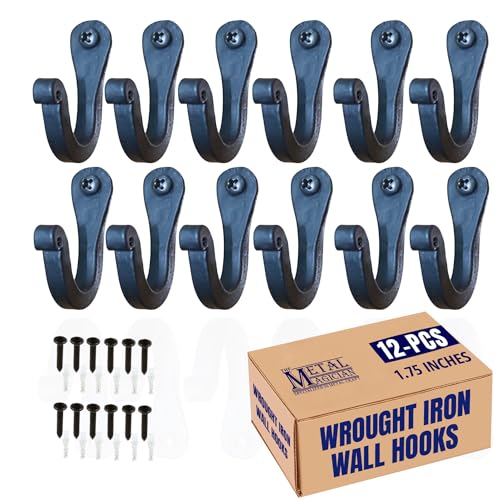 The Metal Magician Single Prong Wrought Iron Hooks, Vintage Hand Forged Iron Classic Hook Set – Rustic Curved Metal Fasteners – Decorative Colonial Wall Décor (Set of 12 Nail Hook 1")