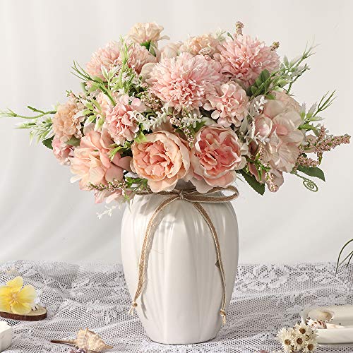 JARELING Peonies Artificial Flowers in Vase, Fake Hydrangea Silk Peony Flower Bouquet with Vase Faux Flowers Arrangement Decor Home Table Dining Room (Pink)