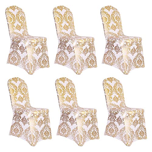 Desirable Life Pack of 6 Dining Chair Covers Bronzing Gold Flower Print Removable Washable Spandex Stretch Decorative Chair Slipcovers Set for Party Wedding Home Decorations - Gold+White