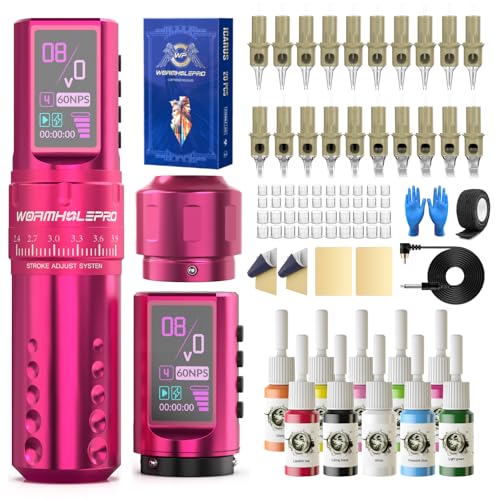 WORMHOLE PRO 80PCS Tattoo Gun Kit with 7 Adjustable Strokes, 1,800 mAh Capacity Replacement Power Supply, Digital LED Display, 20Pcs Tattoo Needles for Tattoo Artists - Pink
