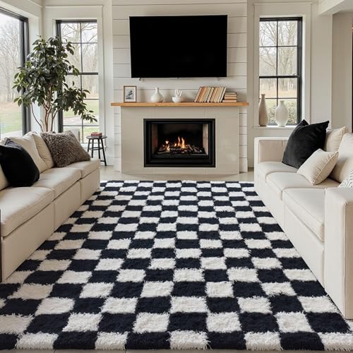 PureCozy Checkered Rug 8x10 for Living Room, Black and White Modern Shag Rug Washable Non-Slip Large Area Rug Super Soft Indoor Fuzzy Carpet Fluffy Rugs for Bedroom Home Aesthetic Decor