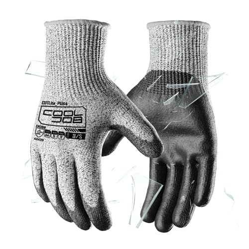 COOLJOB 12/120 Pairs A4 Cut Resistant Safety Work Gloves with Grip, Breathable & Lightweight Polyurethane PU Coated Protective Gloves for Wood Carving, Glass Handling, Mechanic Work, Gray Medium