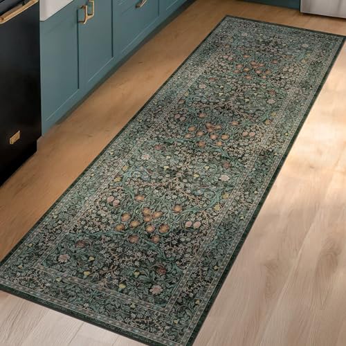 Non Slip Dark Green 2x6 Kitchen Runner Rug Washable, Long Rubber Backed Hallway Runner Rugs, Boho Vintage Floral Botanical Non Skid Carpet for Entryway, Bathroom, Hall, Laundry Room Mats for Floor