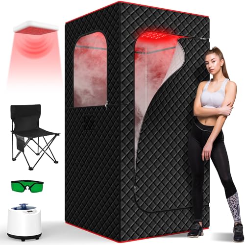 iTHERAU Infrared Home Steam Sauna Box, Portable Personal Full Body Sauna Spa Tent at Home for Relaxation with 660nm Red Light Therapy Lamp, 3L Steamer, Folding Chair, 15 Levels