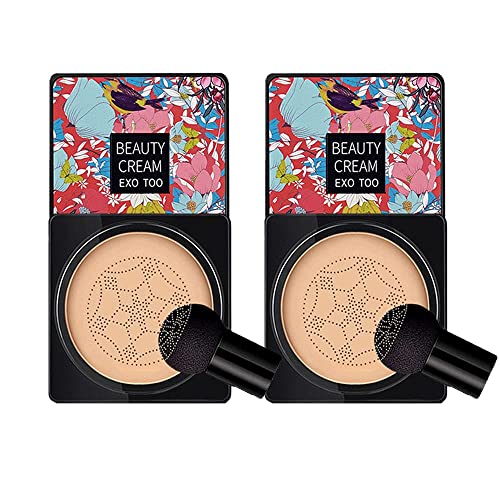 2PCS Mushroom Head Air Cushion CC Cream Foundation, Beauty Cream EXO TOO BB Cream, Moisturizing, Long Lasting, Matte, Light Weight, Waterproof Liquid Foundation with 2PCS Mushroom Head Sponges