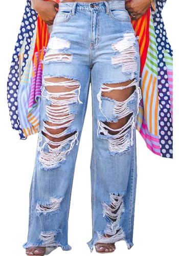 Ptorlio Women's Ripped Jeans Y2k Straight Wide Leg High Waisted Jean Distressed Baggy Denim Pants Pale Blue