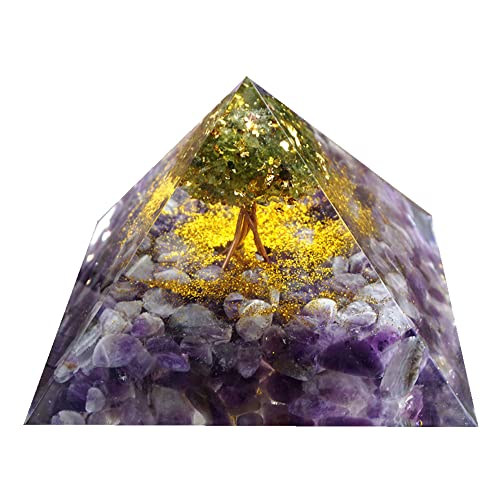 9.5CM Large Size Tree of Life Orgonite Pyramid Peridot with Amethyst Crystal Healing Stone Chakra Energy Orgone Pyramide Meditation Gift