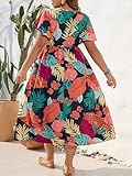 Floerns Women's Plus Size Boho Floral V Neck Short Sleeve A Line Long Dress Black Orange Tropical 2XL