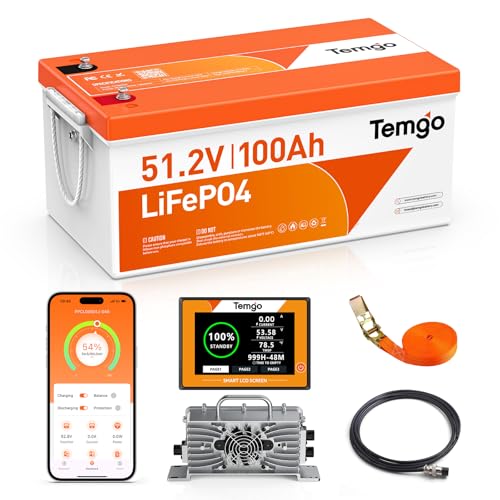 TEMGO 48V (51.2V) 100Ah LiFePO4 Lithium Golf Cart Battery, Complete Upgrade Kit with Charger, LCD Display & App, Built-in 200A BMS, Max 10.24kW Power Output