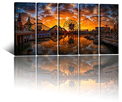 Fairy Tale Castle Canvas Wall Art Ferris Wheel Reflection Wall Decor Anime Amusement Park Canvas Print Picture Dusk Castle Scenery Artwork Painting For Living Room Bedroom Home Decoration 60 x 32"